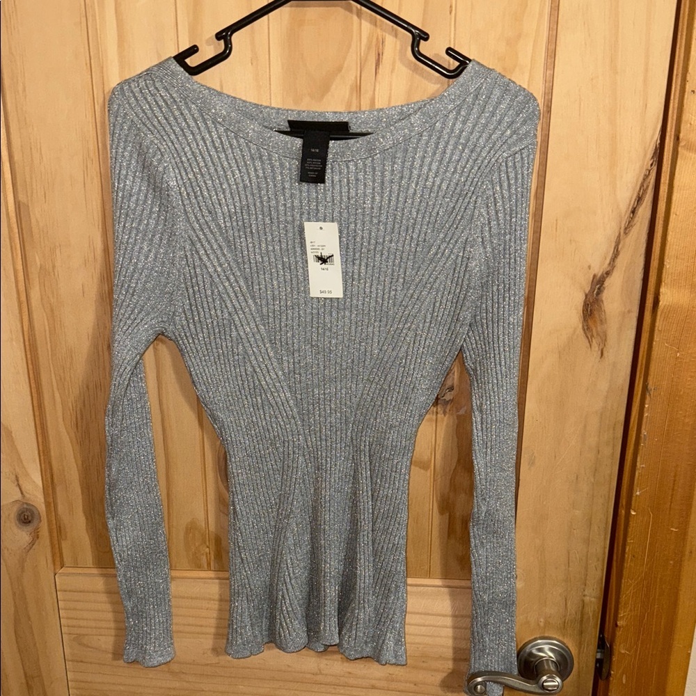 Lane Bryant Silver Ribbed Long Sleeve Sweater